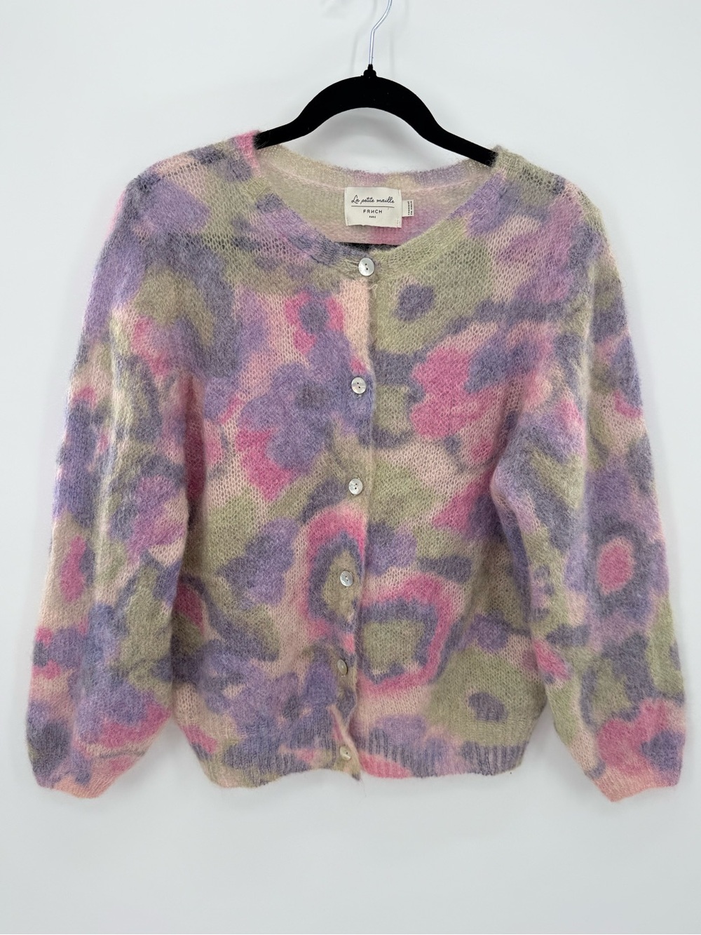 FRNCH Paris La Petite Soft Maille Mohair Floral Fuzzy Cardigan S/M Made Italy